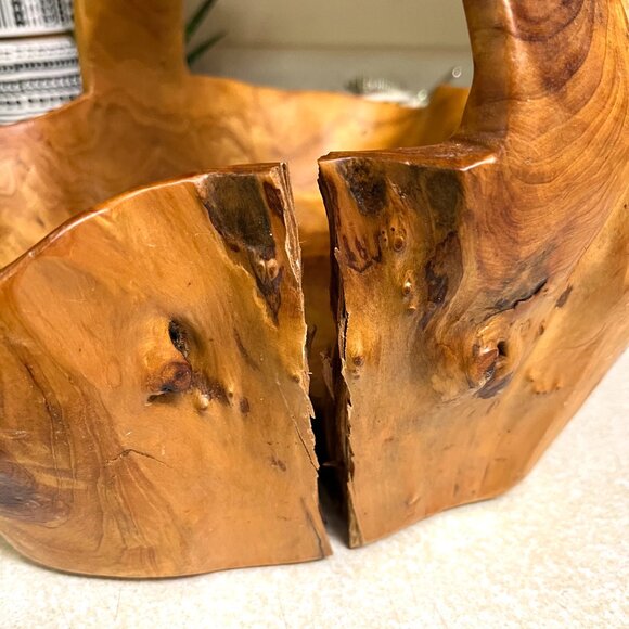 Vintage Hand Carved Wood Basket Tree Bowl Brown with Handle Handmade Rustic Farm - Picture 3 of 12